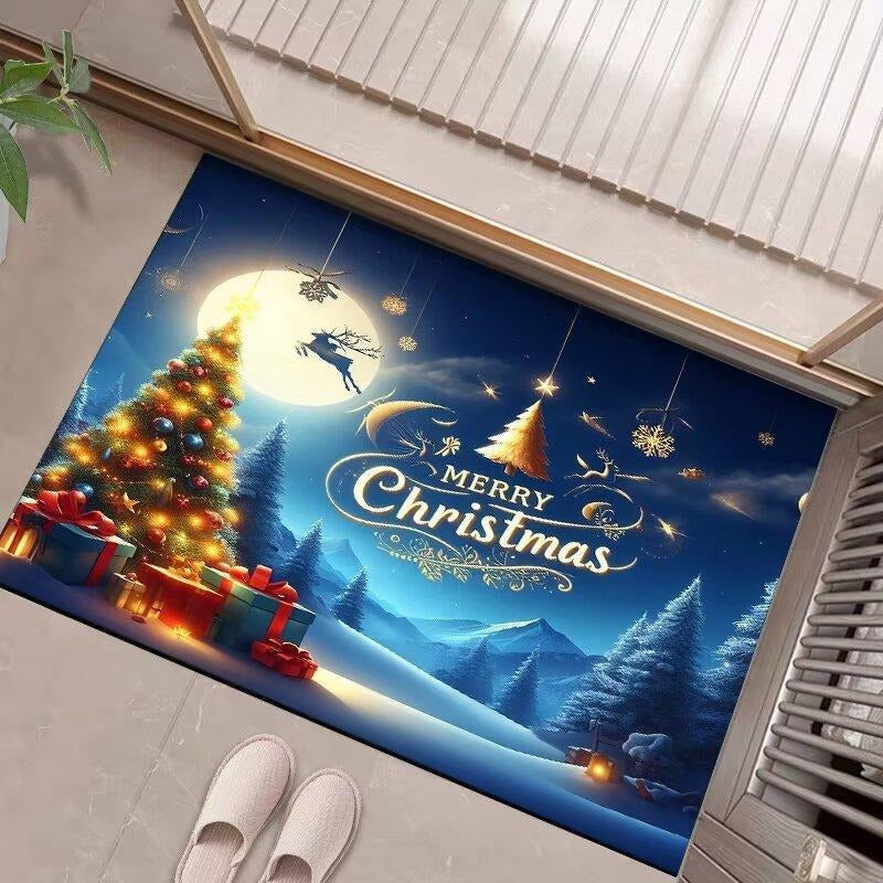 Christmas Door Mat with Merry Santa and Gift Print | Durable Fibers, Strong Underfoot Grip | Indoor Outdoor Entryway Decor