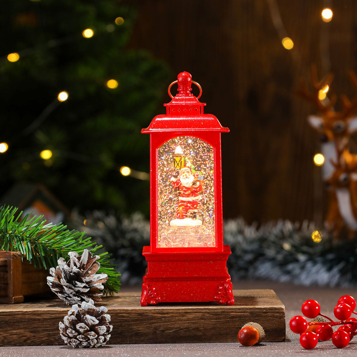 Musical Christmas Lanterns with a Santa and Reindeer Scene | Plays Classic Holiday Melodies | 12 in Tall Painted Tabletop Light