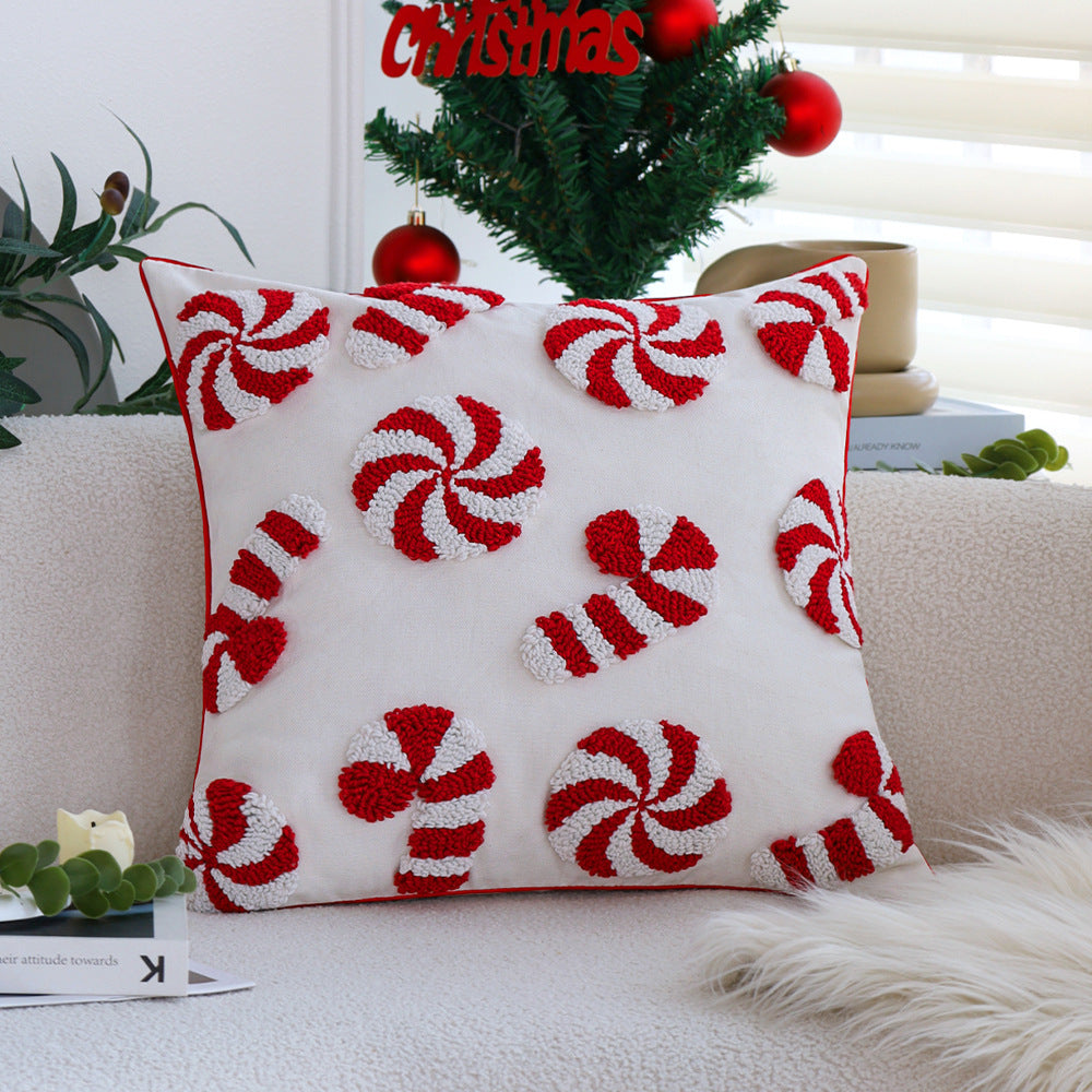 Hand Tufted Christmas Pillow Cover with Santa Hats and Candy Canes | Cotton Linen Blend, Piped Edge | Holiday Decorations