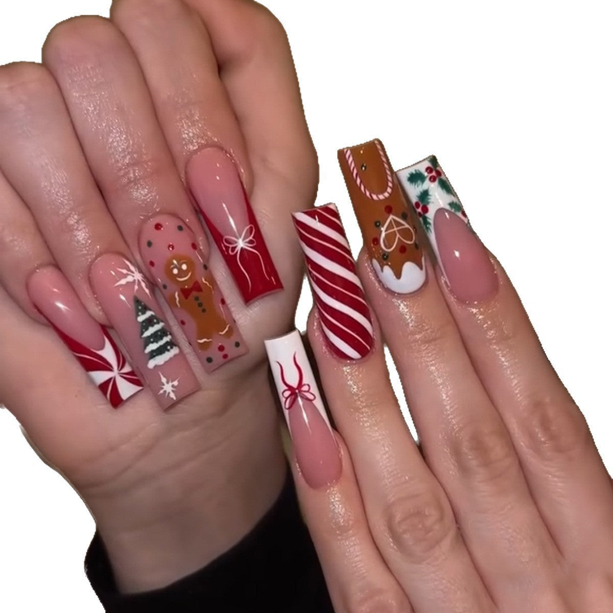 Gingerbread and Candy Cane Nails in a Full Set | Christmas Nail Designs with Tree Motifs | Easy to Apply Festive Manicure