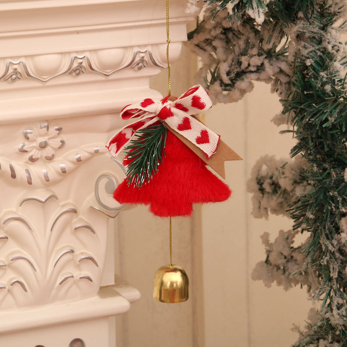 Felt Christmas Tree Ornament with Metal Bell and Merry Greeting | Gold Accent Ribbon and Hanging Cord | Door or Mantel Decorations