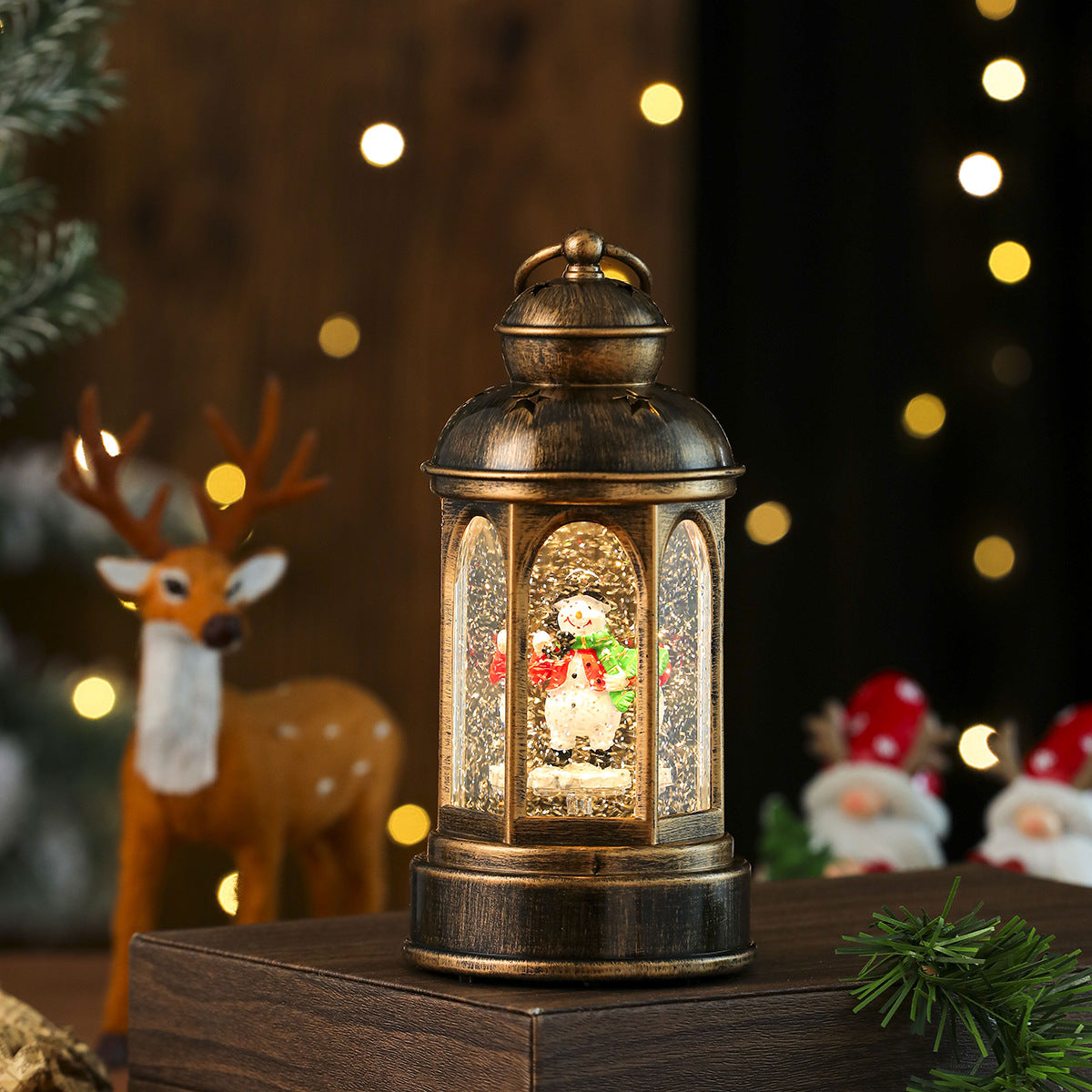 Snow Dusted Lantern with a Mini Christmas Tree and Gifts | Warm LED Lights, Battery Powered | Indoor or Outdoor Tabletop Decor