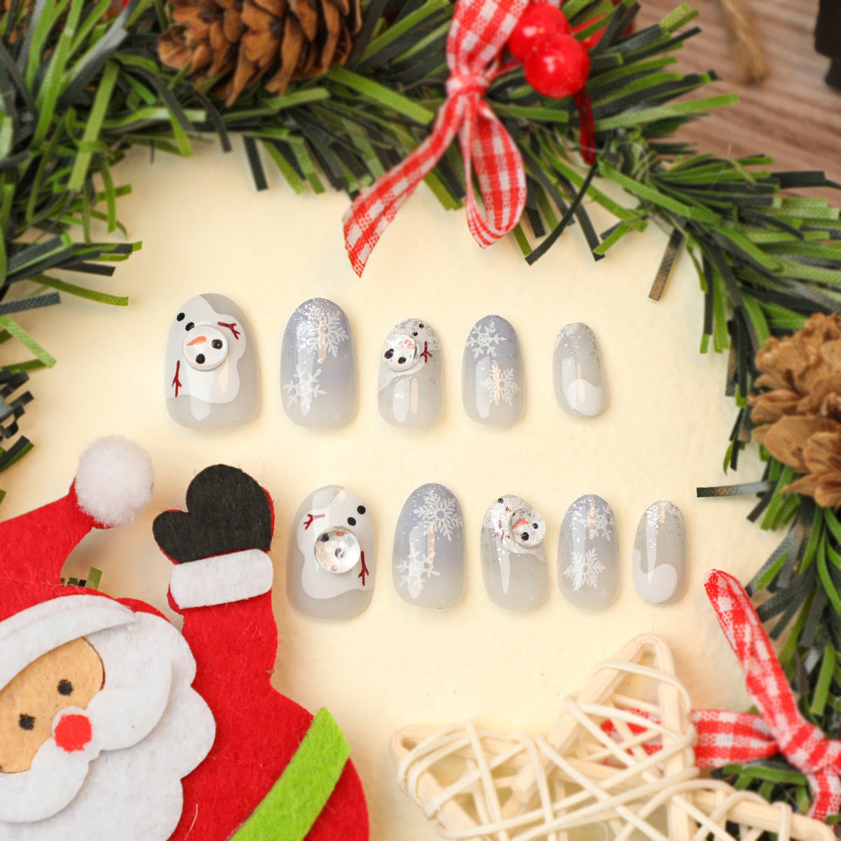 White Christmas Nails with Snowman and Snowflake Art | Frosted Grey Ombre Tips | Shaped To Fit, Easy To Remove