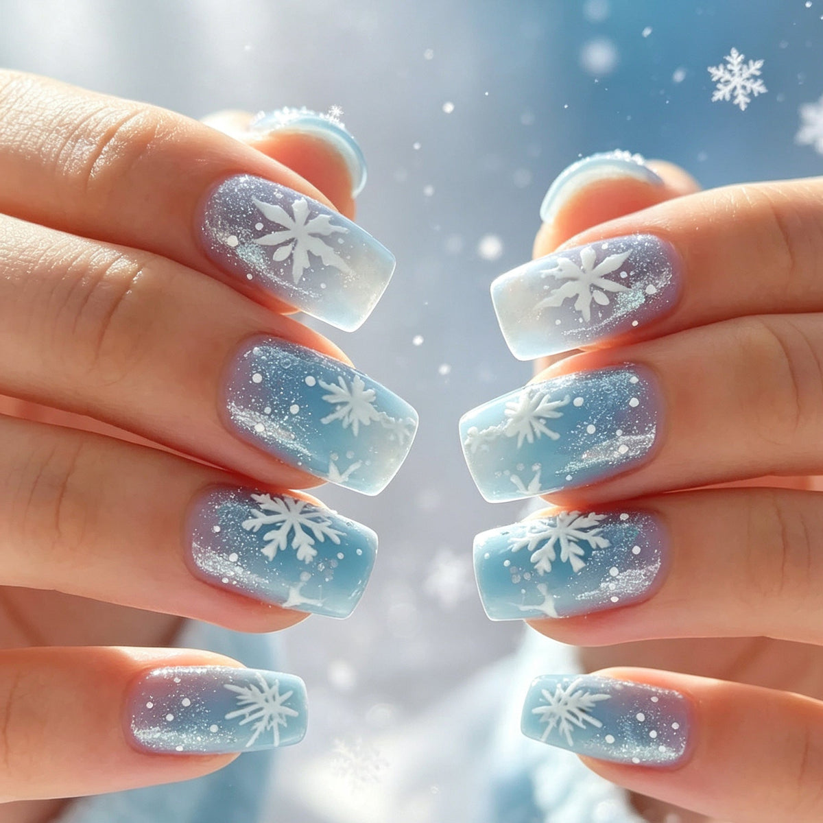 Frosted Snowflake Christmas Nails in Icy Blue | Press-On Set with Adhesive Tabs and File | Break-Resistant Gel Formula