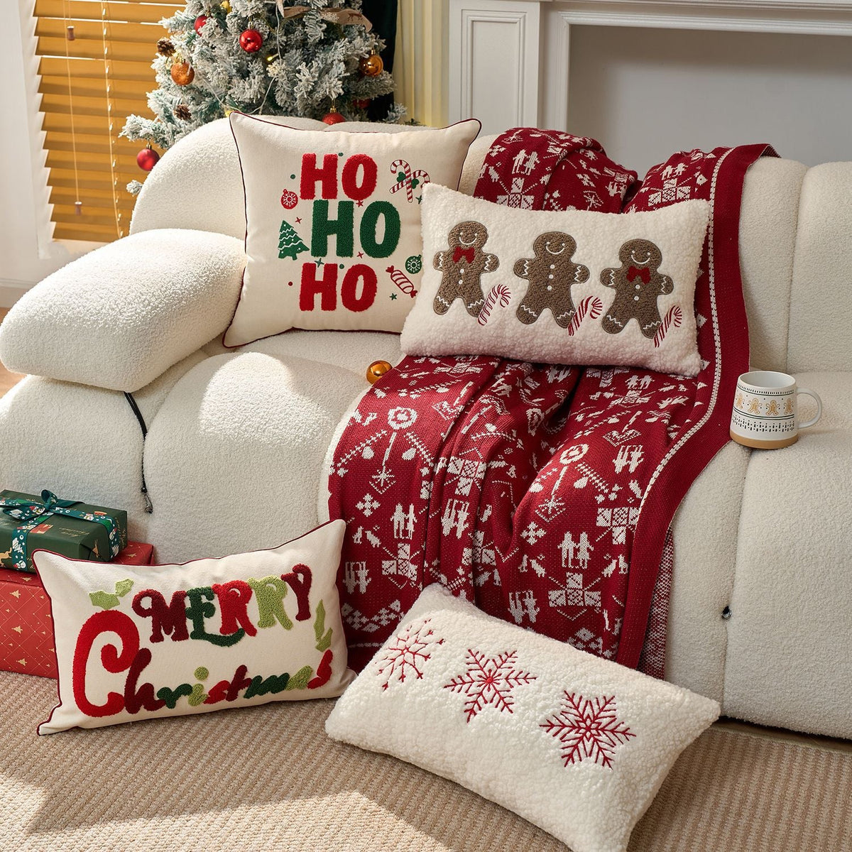 Tufted Chenille Merry Christmas Lumbar Pillow | Piped Edge on a Woven Cover | Red and Green Festive Decorations