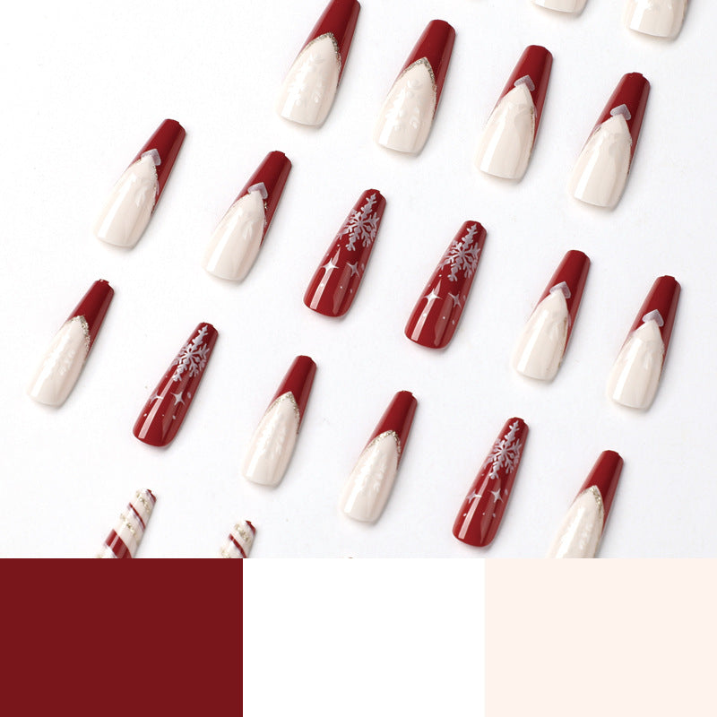 Candy Cane Nails in Deep Red and White | Long Coffin Press On Tips with Snowflake Art | Glitter Accents for Parties