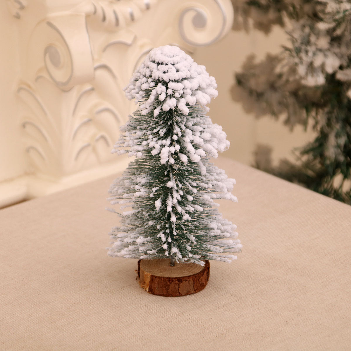 Mini Snow Covered Christmas Tree for Tabletops | Frosted Tips on a Sturdy Wooden Base | Lightweight Holiday Decorations