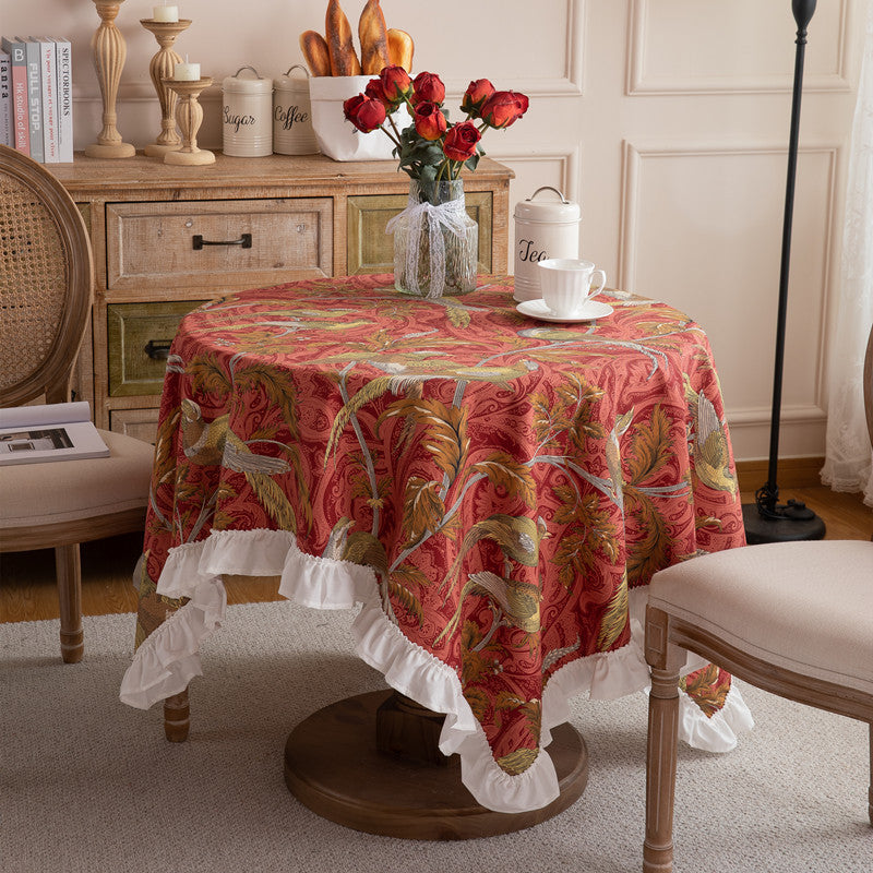 Ornamental Bird and Leaf Tablecloth with Ruffle Trim | Wrinkle Resistant Washable Fabric | 2 Colors