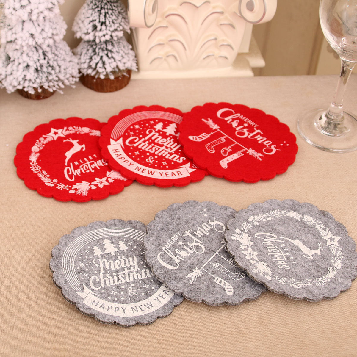 Felt Christmas Table Mats with Scalloped Edges and Merry Print | Round Placemats and Coasters, Two Colorways | Wipe Clean Decorations