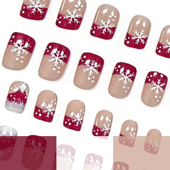Red Christmas Press-On Nails with Glitter French Tips | Delicate Snowflake Detail | Comfortable Fit for Gatherings