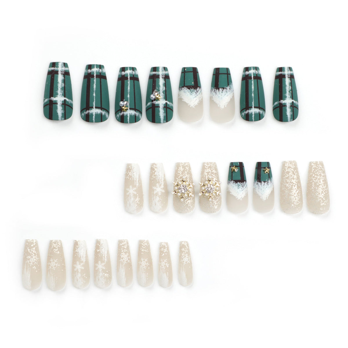 Christmas Nails Set with Snowflake and Glitter Art | Twenty Four Long Coffin Tips | Lightweight Fit with Glue Included