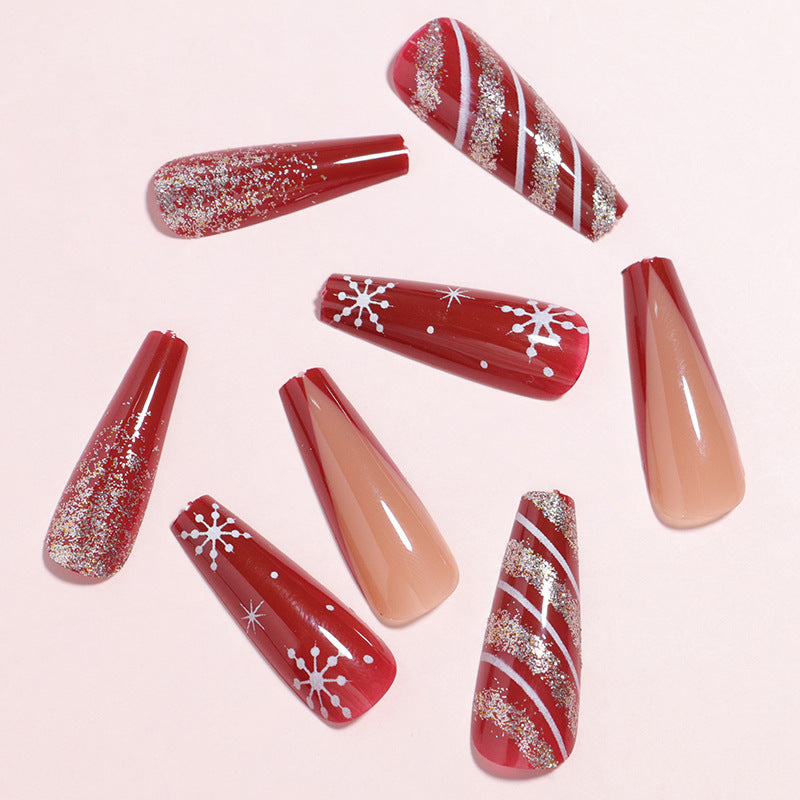 Adhesive Press On Nails with Red Snowflake Design | Glue Free Application Strips | Scratch Resistant Coffin Tips