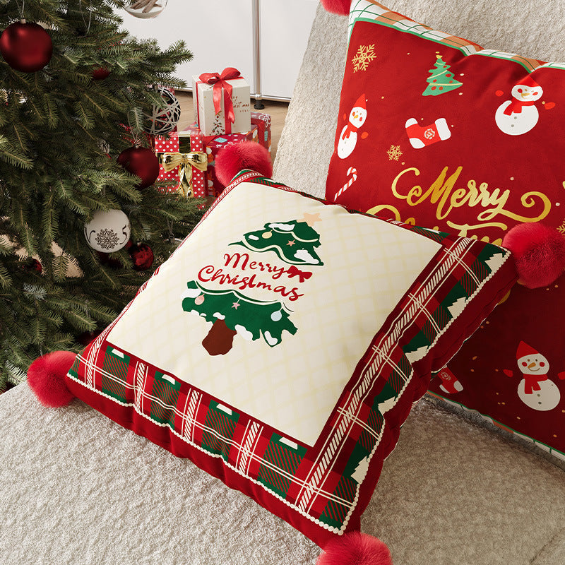 Plaid Throw Pillow Cover for Christmas Decorations with Pom-Pom Corners | Merry Lettering, Hidden Zipper | Five Designs, Three Sizes