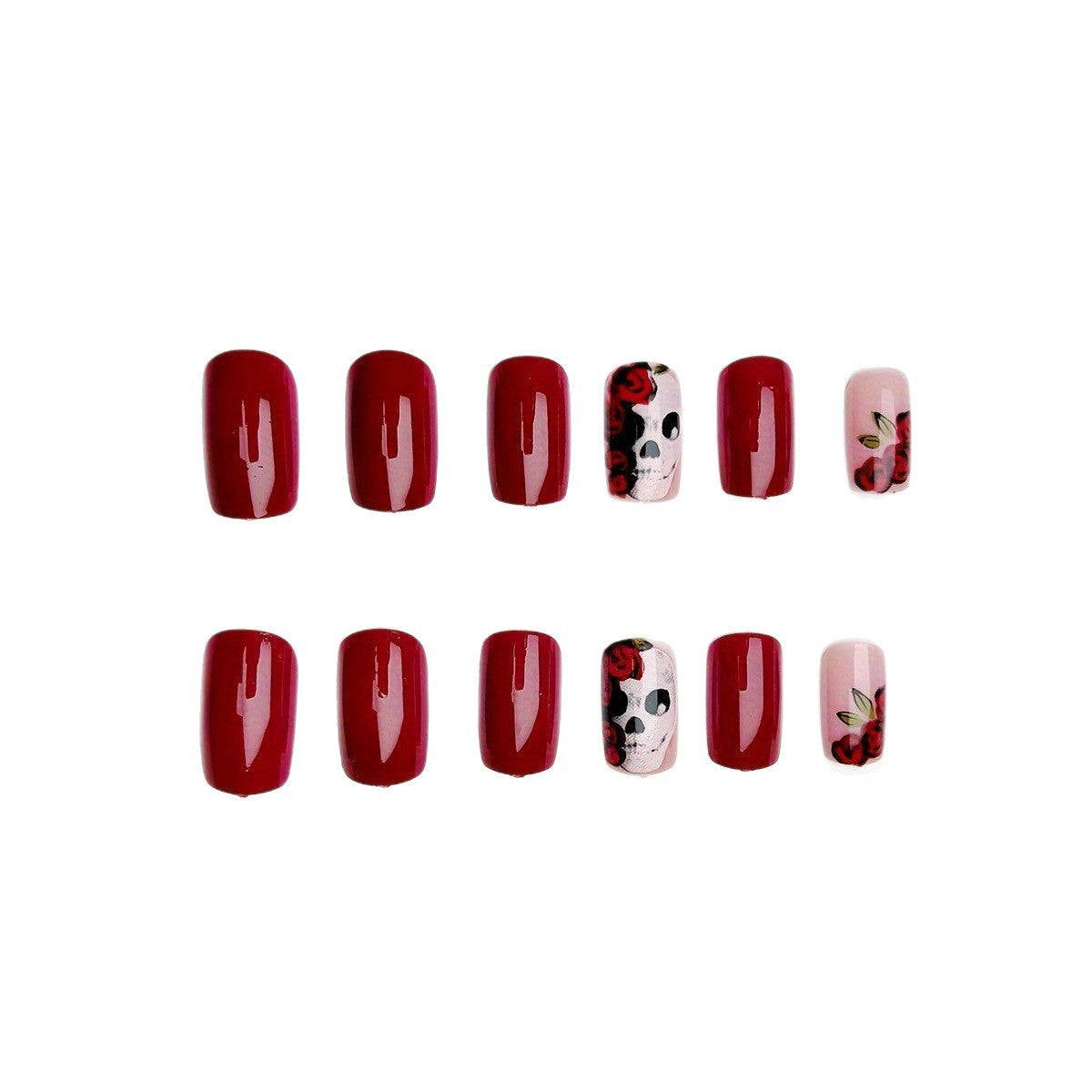 Halloween Skull Floral Press-On Nails | Available in Deep Red | Glue-Free Application in Minutes for Parties and Nights Out