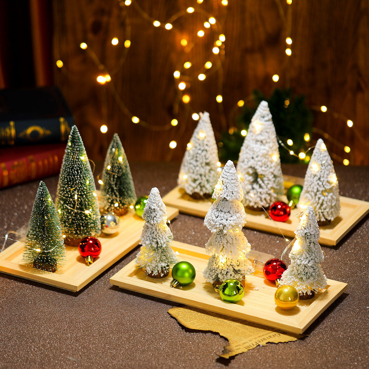 Faux Christmas Tree Trio with Snow Dusted Branches | Warm LED Glow, No Assembly Needed | White or Pink Miniature Table Decor
