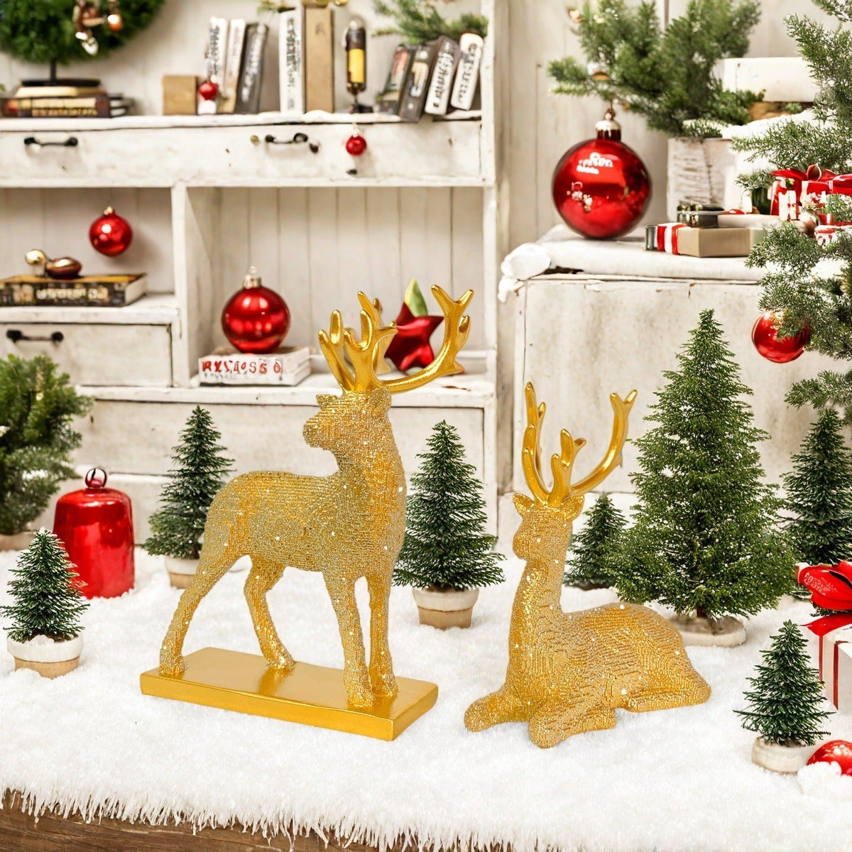 Glittering Reindeer Figurine for Christmas | Deer Decor in Gold, Red or Silver | Sparkling Accent for Shelf and Mantel