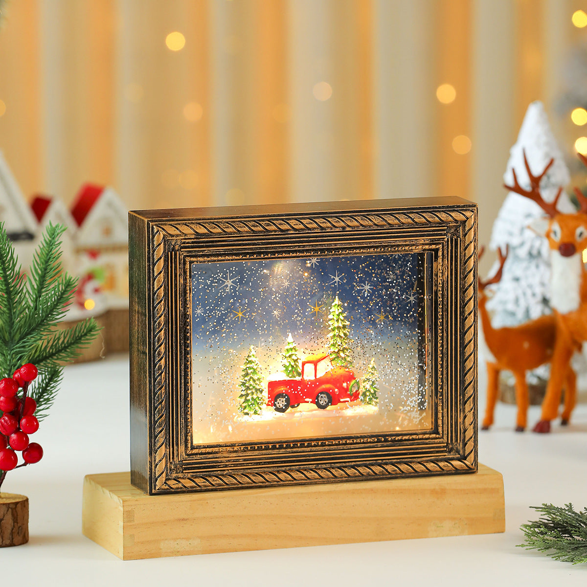 Lighted Picture Frame with a Christmas Village Scene | Snowy Truck and Cottage Designs | Warm Glow for Shelf and Mantel Displays