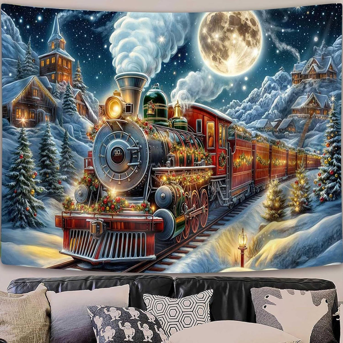 Steam Train Christmas Wall Tapestry | Winter Wonderland Scene on Lightweight Fabric | Vintage Holiday Decorations in Blue