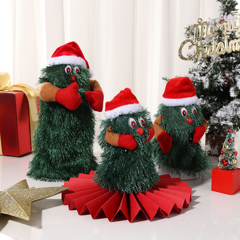 Plush Christmas Tree Figurines with Santa Hat and Red Mittens | Tabletop and Mantel Decor | Three Playful Designs