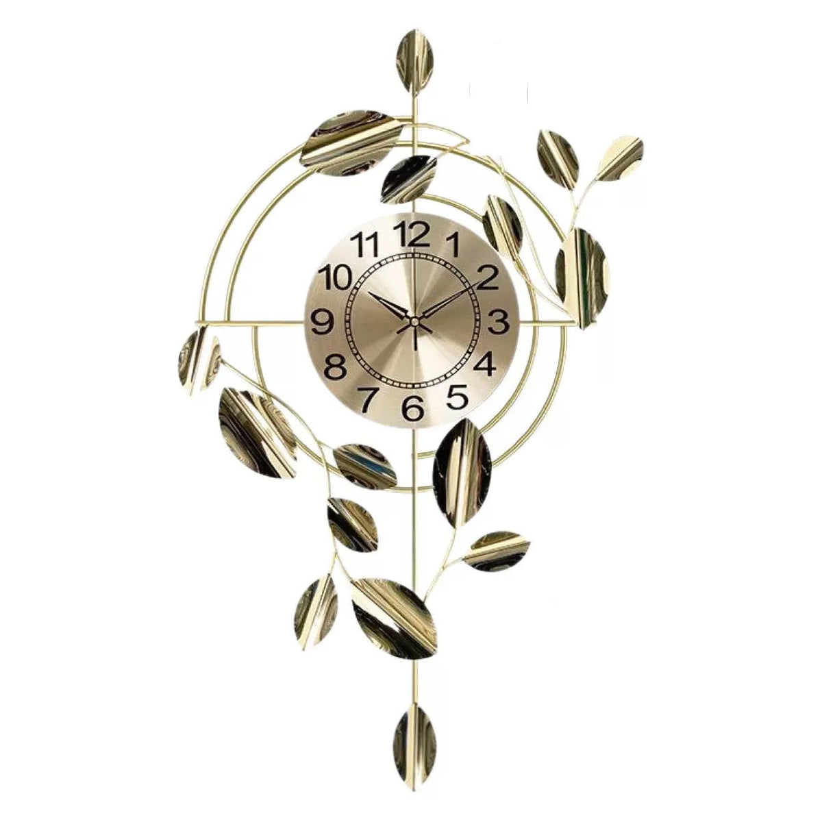 Wall Clock with Gilded Leaves on a Vertical Stem | Large Numbers on a Brushed Gold Dial | Fixings and Bracket Included