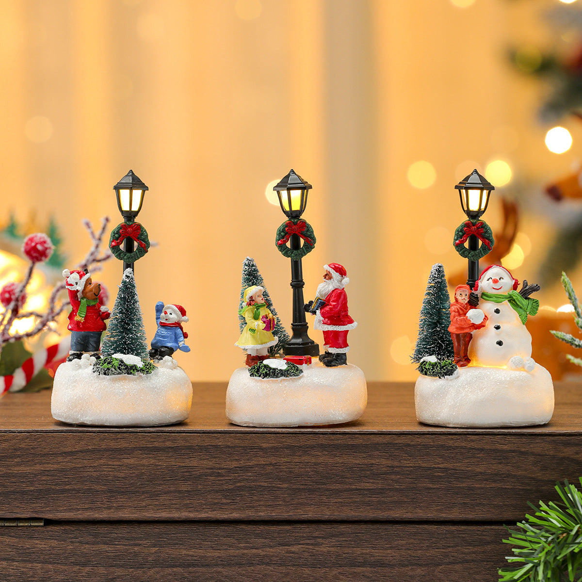 Christmas Village Figurines with LED Street Lamp | Snowman, Santa and Tree Scene | Resin Tabletop Holiday Decor