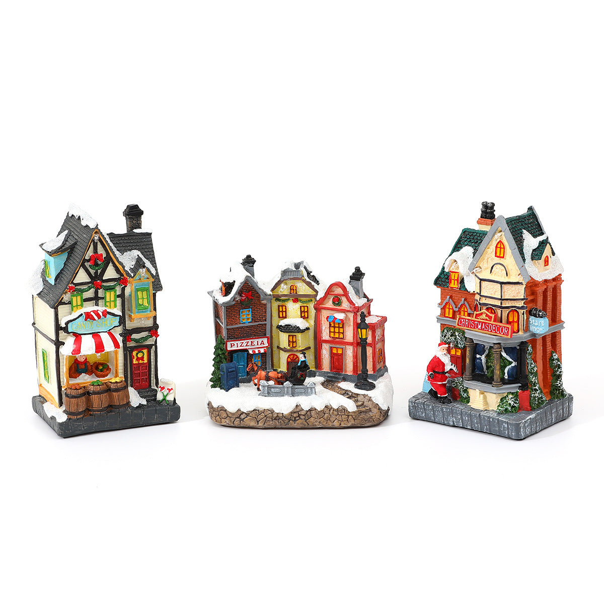 Christmas Village Houses with LED Lights | Hand Painted Resin Shop Scene | Battery Operated Winter Display
