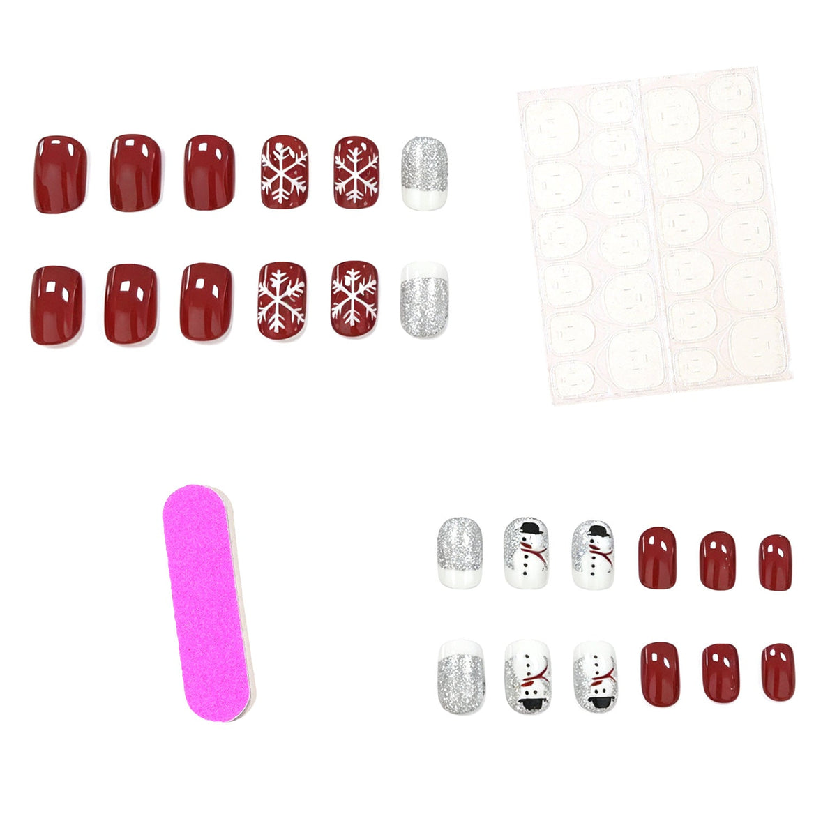 Snowman Christmas Nails in White and Silver Glitter | Press-On Set with Snowflake Detail | Vibrant Color That Lasts