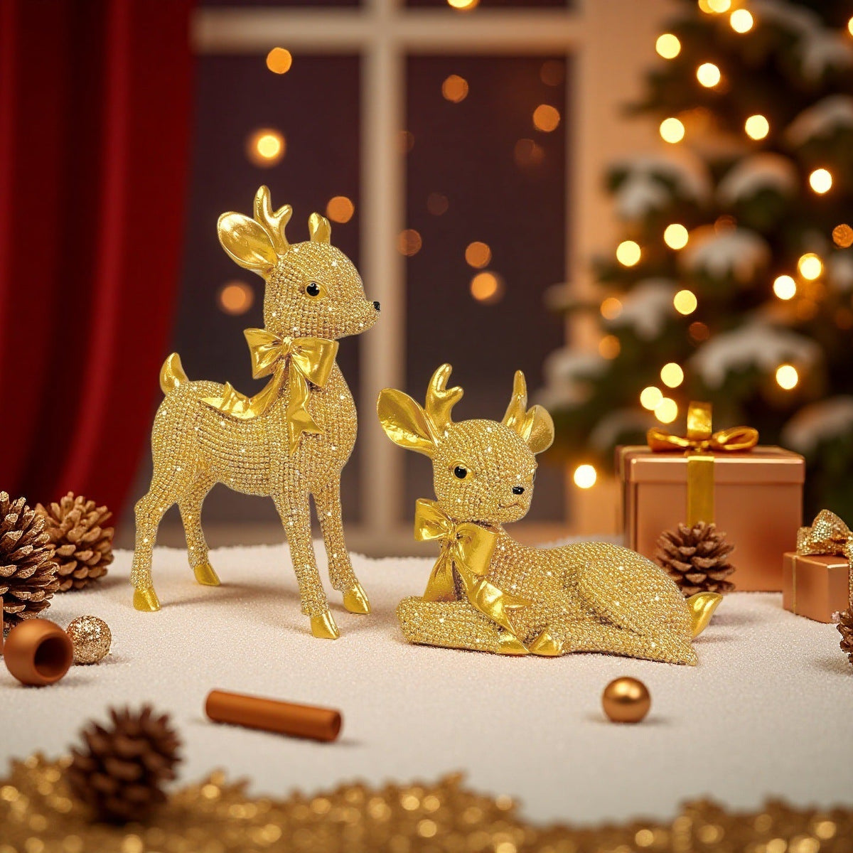 Reindeer Figurine with Glitter Accents and a Festive Bow | Christmas Deer Decor in Gold, Silver, White or Red | Holiday Sculpture