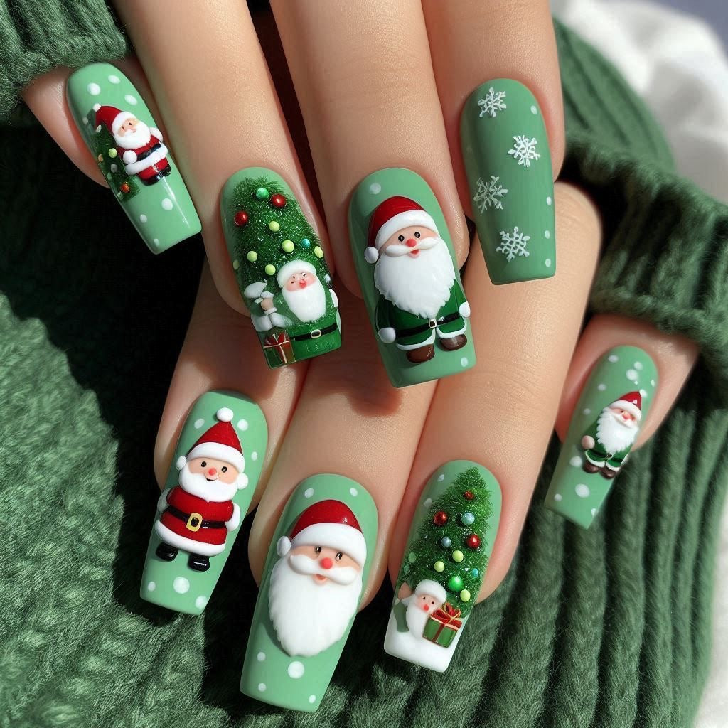 Santa Christmas Nails with Snowflake and Glitter Art | Glossy Press On Nail Designs | Festive Winter Manicure Kit