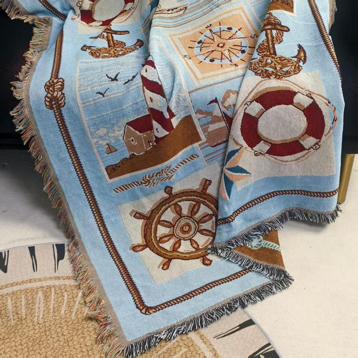 Woven Tapestry Throw in Nautical or Dragon Design | Warm Blanket for Sofa and Bed, 63 x 51 in | 2 Designs
