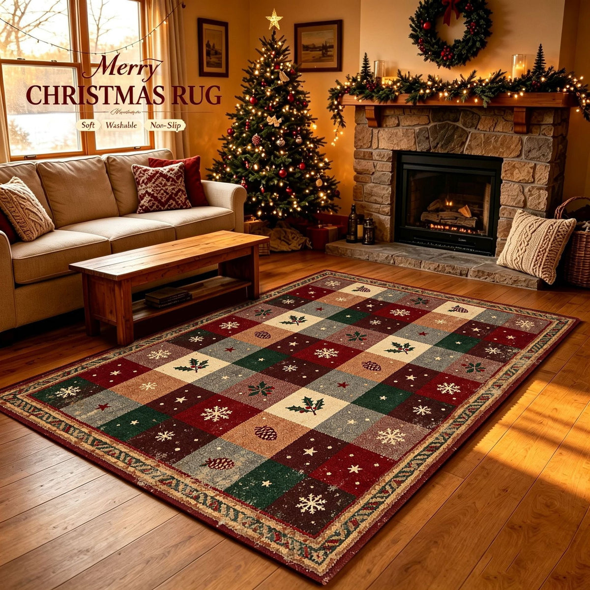 Christmas Area Rug with Snowflake and Pine Cone Pattern | Plush Soft Pile, Non-Slip Backing | Washable Holiday Floor Decor