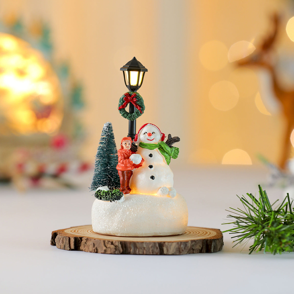 Christmas Village Figurines with LED Street Lamp | Snowman, Santa and Tree Scene | Resin Tabletop Holiday Decor