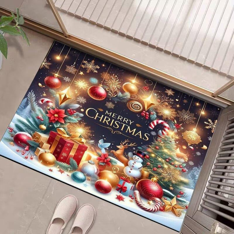 Christmas Door Mat with Merry Santa and Gift Print | Durable Fibers, Strong Underfoot Grip | Indoor Outdoor Entryway Decor