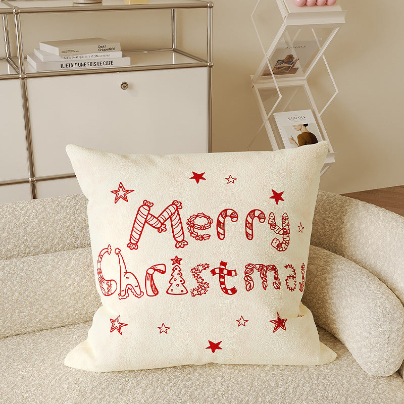 Cotton Linen Pillow Cover for Christmas Living Room Decor | Merry Script with Holly Print | Hidden Zipper, Four Designs, Three Sizes
