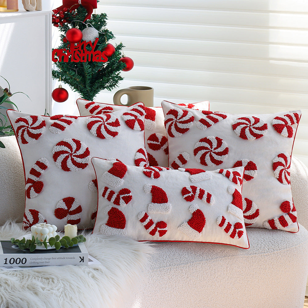 Hand Tufted Christmas Pillow Cover with Santa Hats and Candy Canes | Cotton Linen Blend, Piped Edge | Holiday Decorations