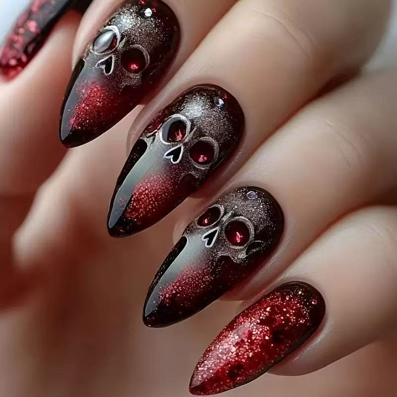 Halloween Skull Press-On Nails | Available in Yellow, Transparent | Glue-Free Application in Minutes for Parties and Nights Out
