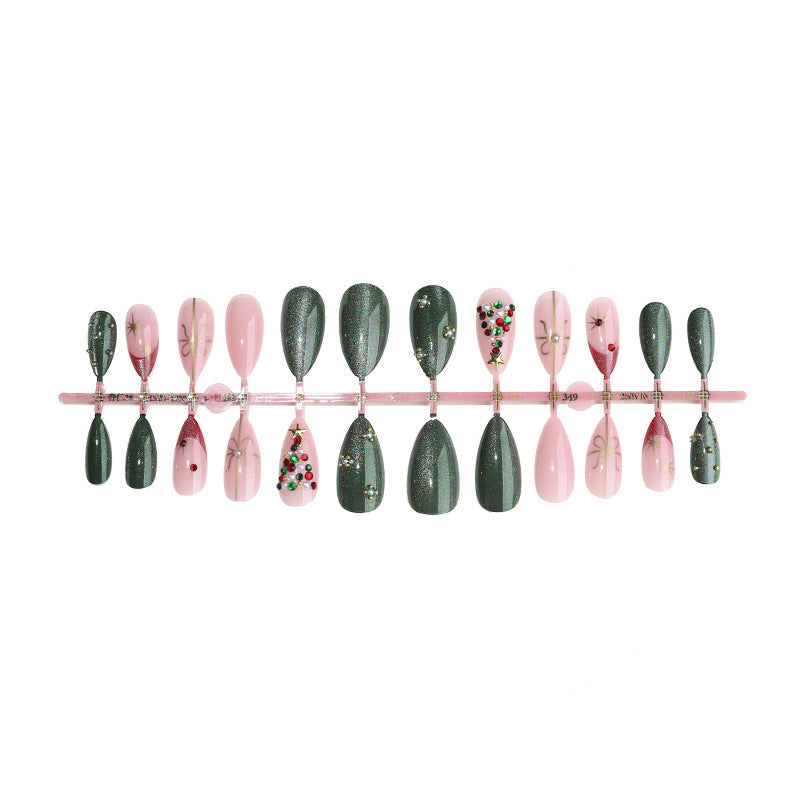 Green Christmas Tree Nails with Star and Glitter Motifs | Glossy Press On Nail Designs | Festive Winter Manicure
