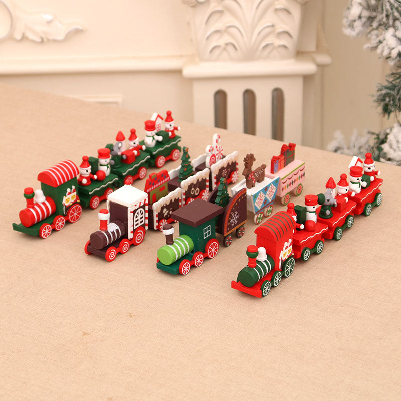 Wooden Train Christmas Ornaments with Gingerbread Passenger | Candy Cane and Fir Tree Details, Hanging Loop | Four Colorful Designs