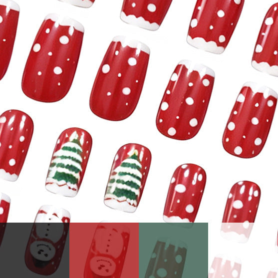 Christmas Tree Nails in Red with Polka Dot Art | Short Square Acrylic Tips | Snowman Accent, Comfortable Fit