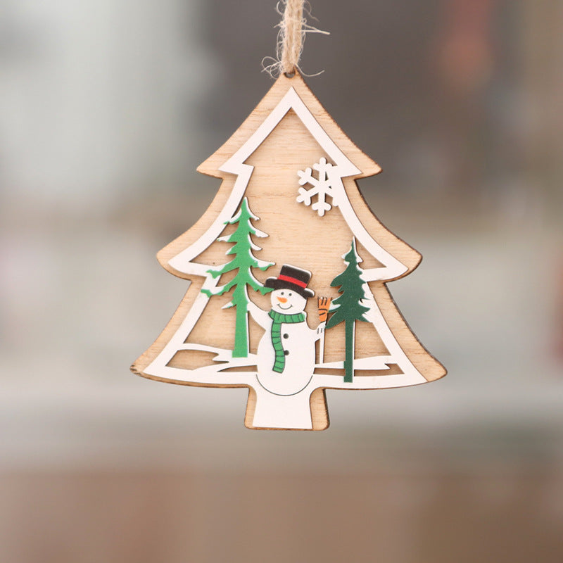 Wooden Christmas Tree Ornaments with Santa and Snowman Art | Red Ribbon for Hanging | Eight Designs for Wall or Table