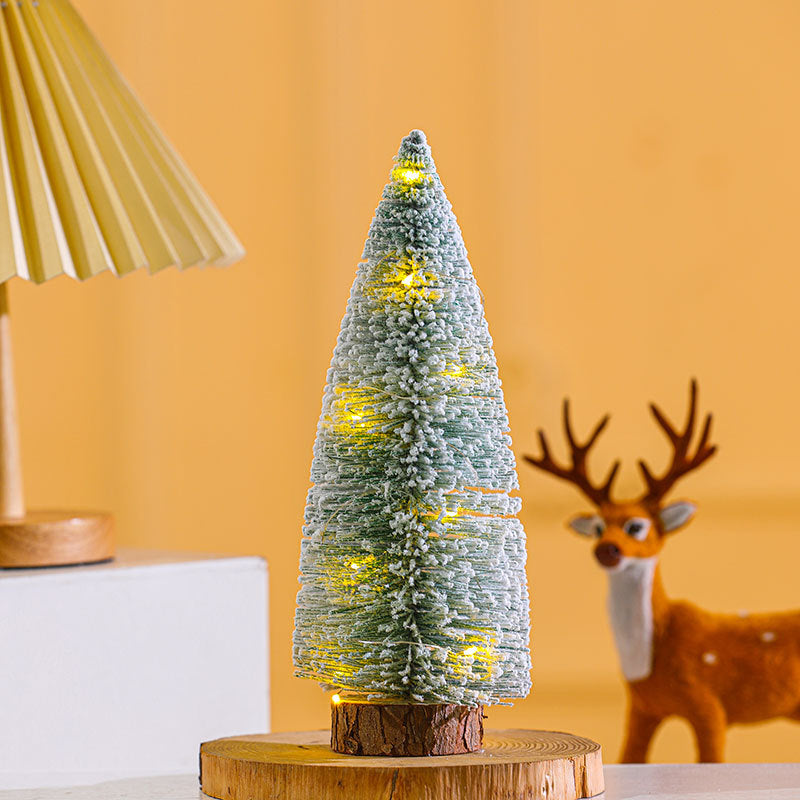 Mini Christmas Tree with Built-In LED Lights | Snow Dusted Finish on a Wooden Base | Warm Glow for Desks and Shelves