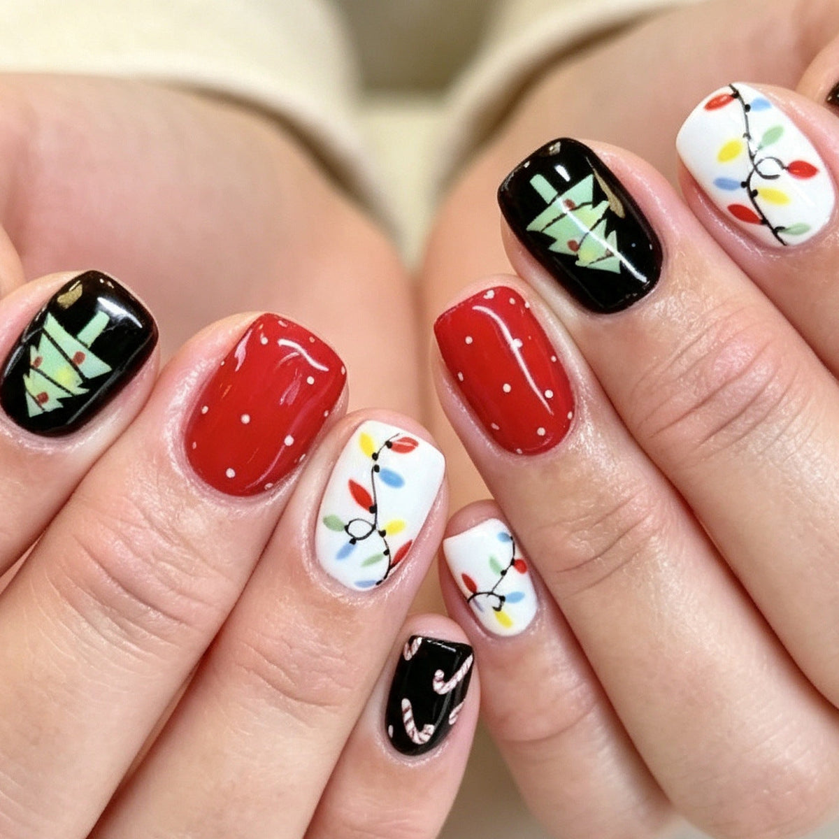 Christmas Light Nails with Tree and Candy Cane Art | Black, Red and White Set | Glossy Long Wearing Shine