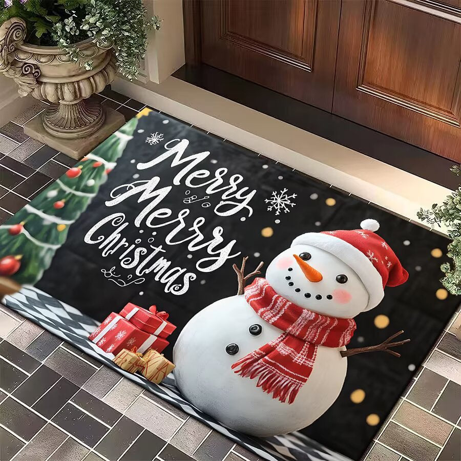 Christmas Door Mat with Santa, Reindeer and Ornaments | Festive Xmas Welcome Rug for the Porch | Holiday Entrance Decor