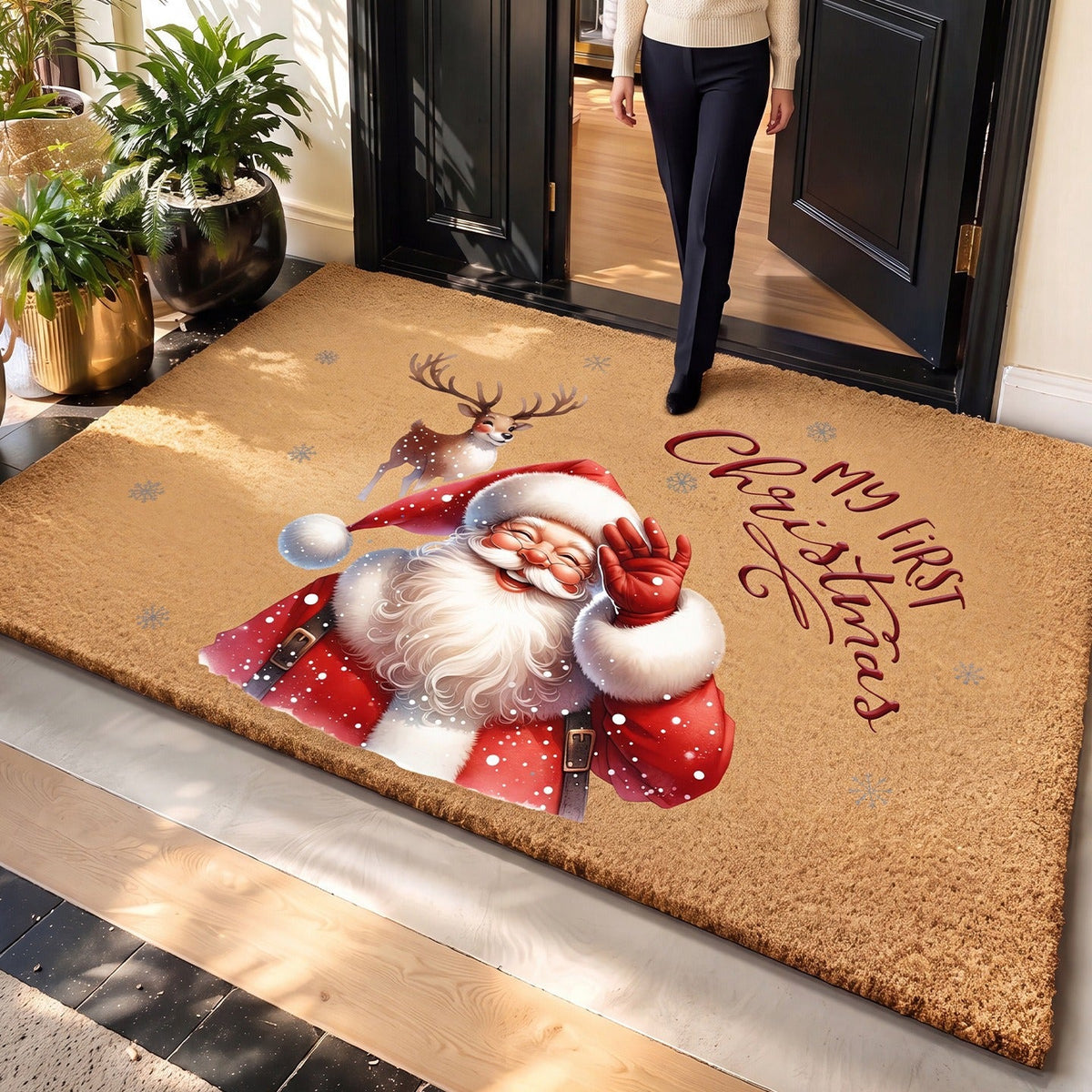 Christmas Welcome Door Mat with Gingerbread Men and Snowflakes | Non-Slip Bottom, Heavy Traffic Build | Entryway Patio Decor