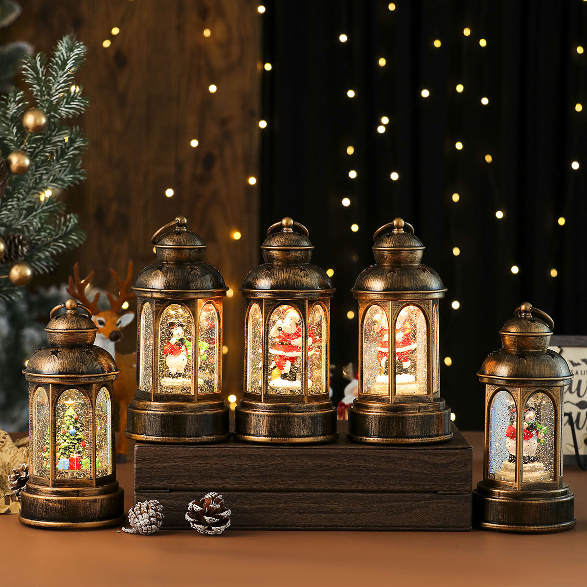 Snow Dusted Lantern with a Mini Christmas Tree and Gifts | Warm LED Lights, Battery Powered | Indoor or Outdoor Tabletop Decor