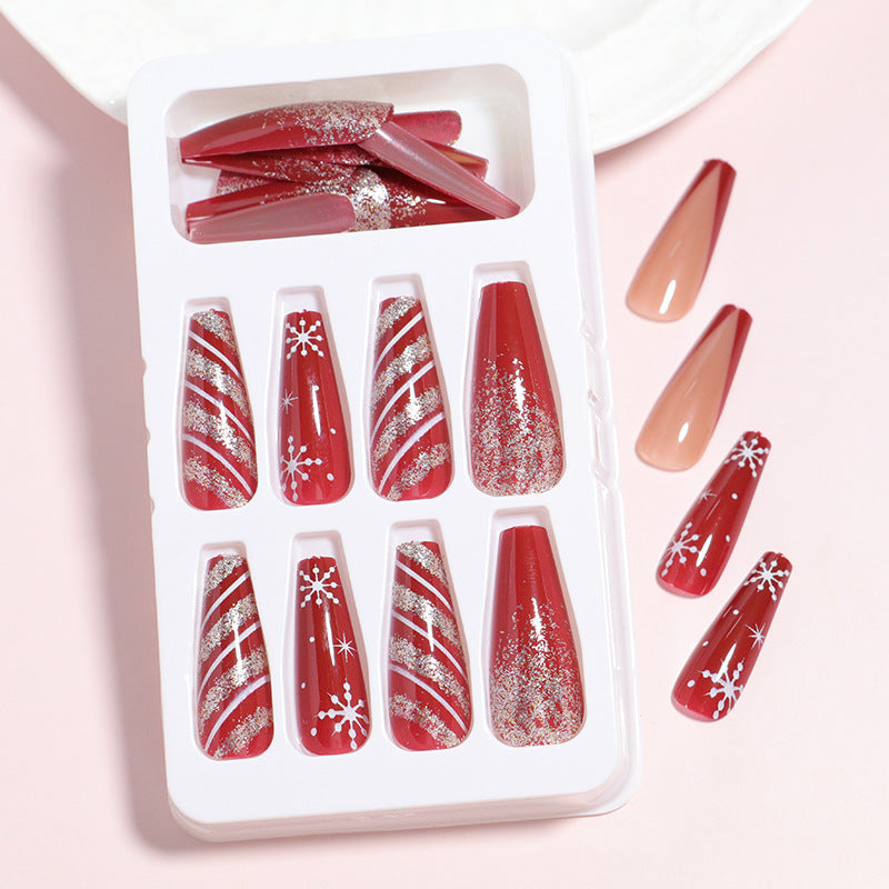 Adhesive Press On Nails with Red Snowflake Design | Glue Free Application Strips | Scratch Resistant Coffin Tips
