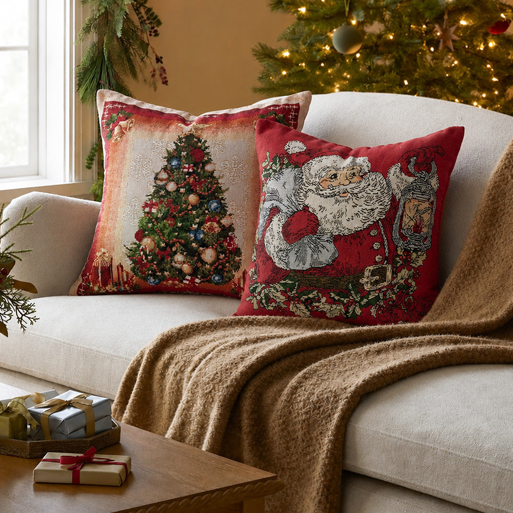 Christmas Home Decor Tapestry Pillow Cover with Santa and Reindeer Motif | Woven Gobelin Texture, Concealed Zipper | Six Designs