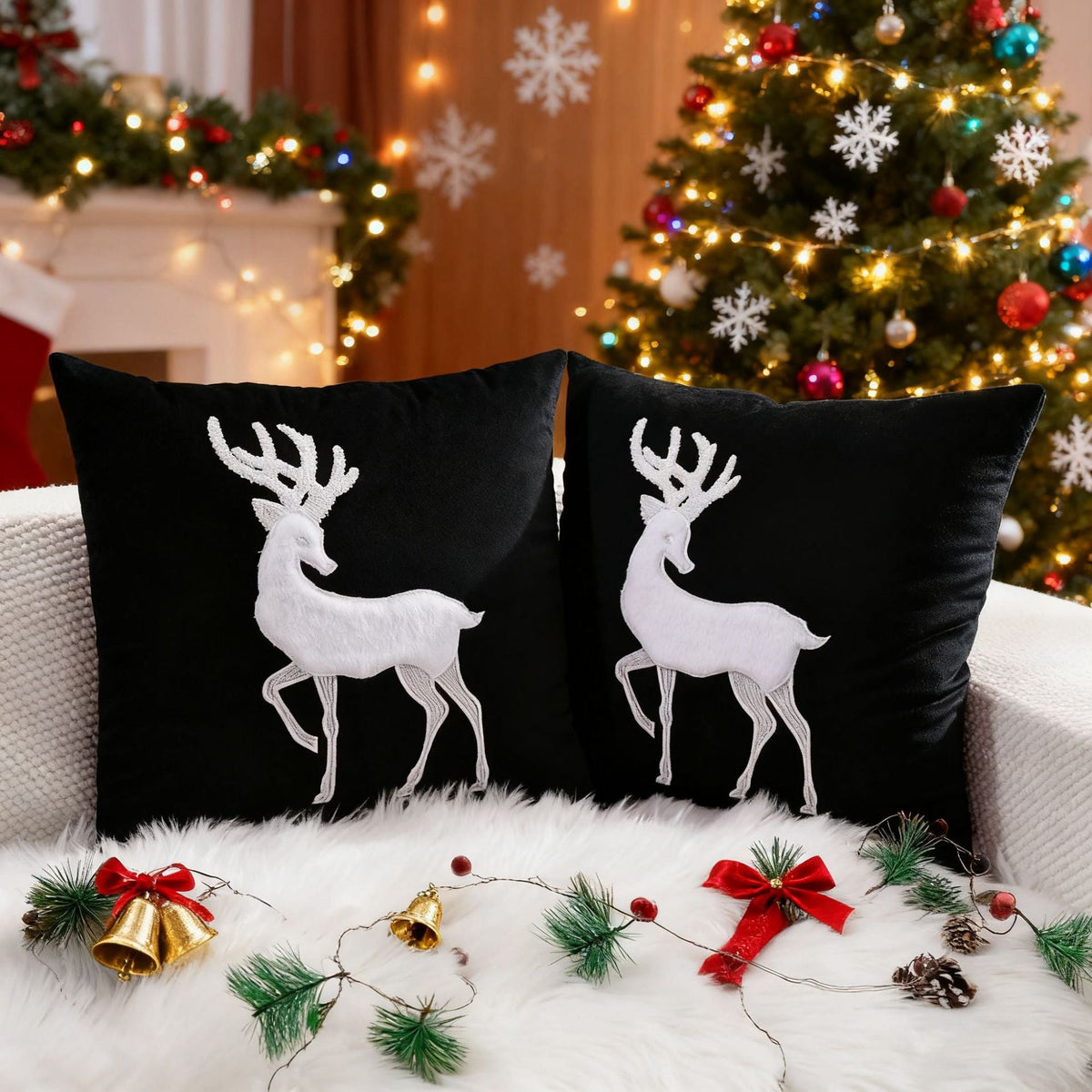 Christmas Living Room Throw Pillow Cover with Deer Silhouette | Removable Case with Discreet Zipper | 42 Designs, 17.72 x 17.72 in