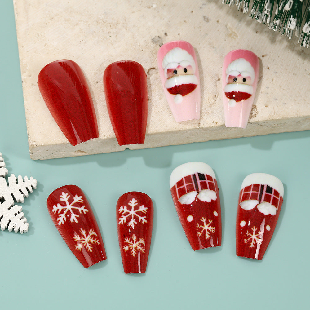 Press On Nails with Snowflake and Santa Designs | Glossy Christmas Nail Art Set | Adhesive Tabs Included for Easy Wear