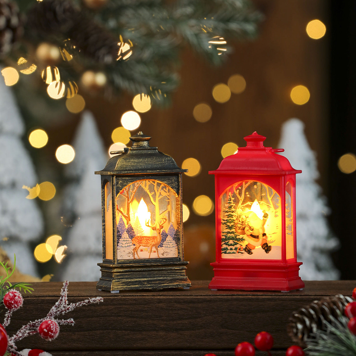 Illuminated Christmas Lanterns with Santa and a Snowy Backdrop | Warm Glow for Indoor or Outdoor Use | Compact Mantel Decor